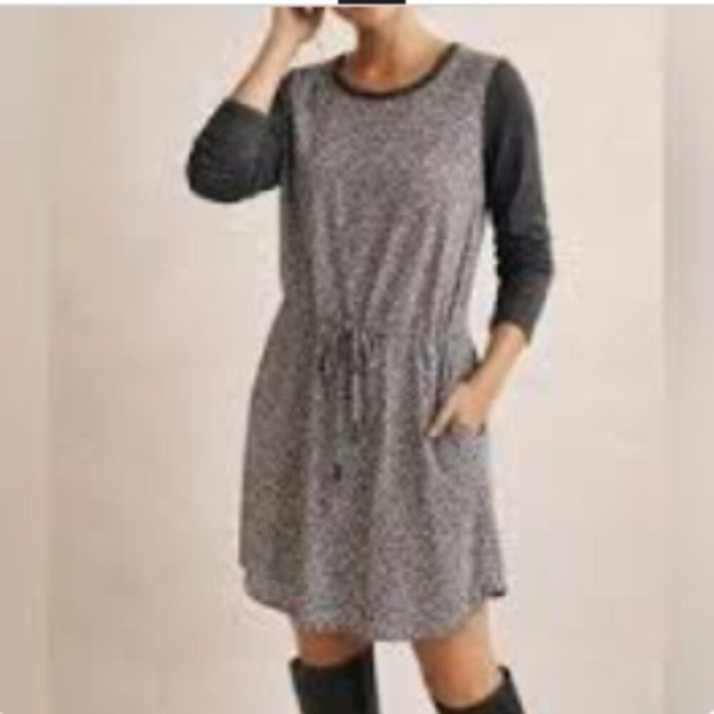 LOU & GREY Medium Gray White Patterned Long Sleeve Dress Tie Waist Mixed Media